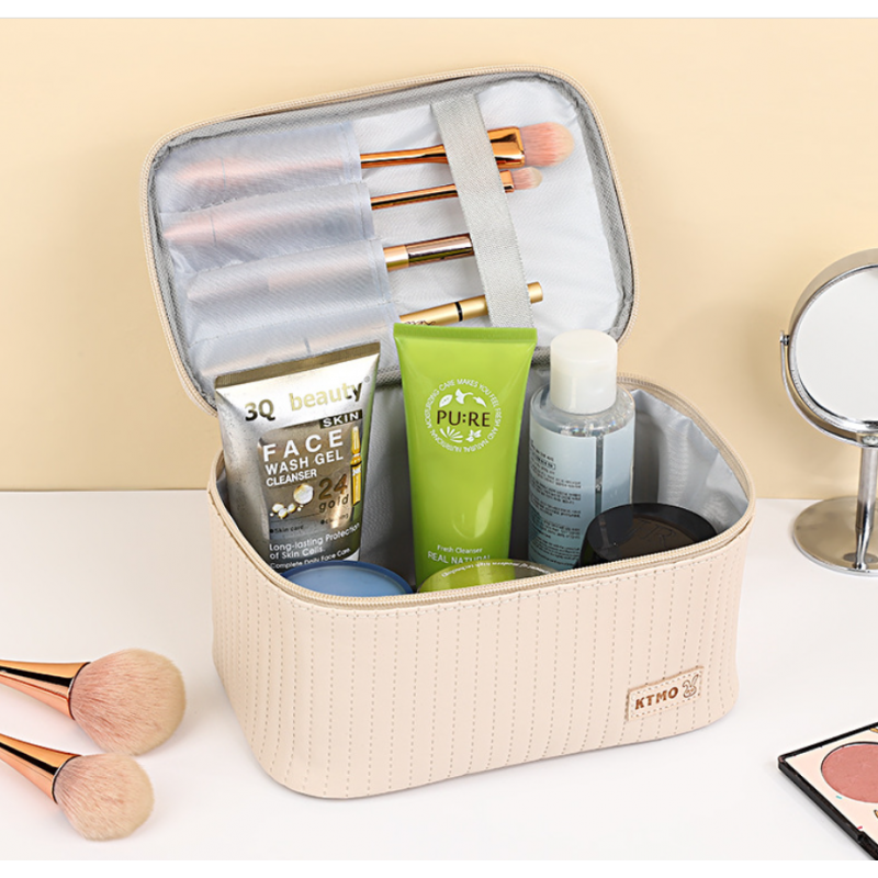 Geantă pentru cosmetice, pliabilă, cu două compartimente, bej
